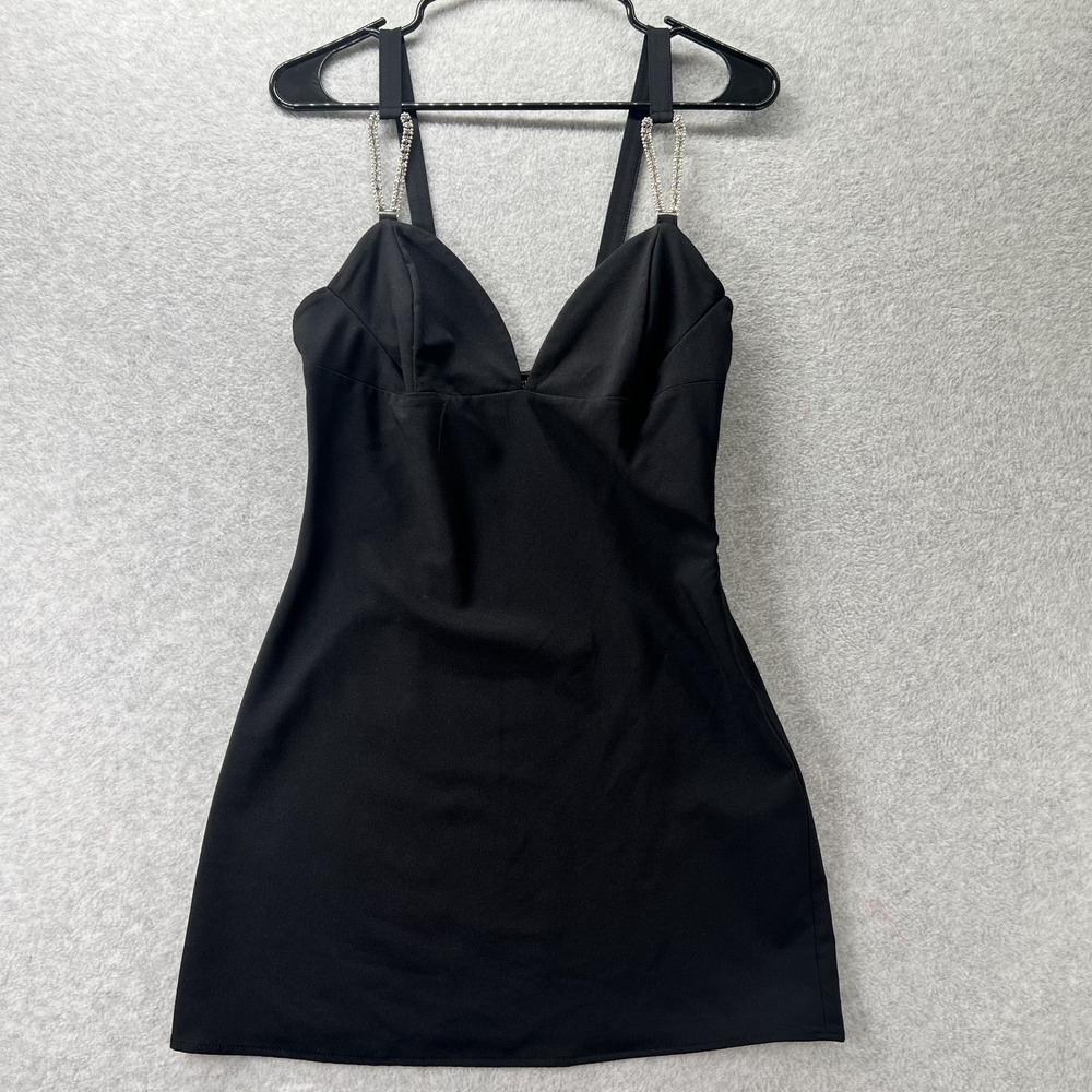 Zara Mini Dress Women M Black Homecoming Rhinestone Strap Stretch Sweetheart